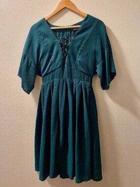 Dark Forest Green Midi Dress With Lace-Up Neckline